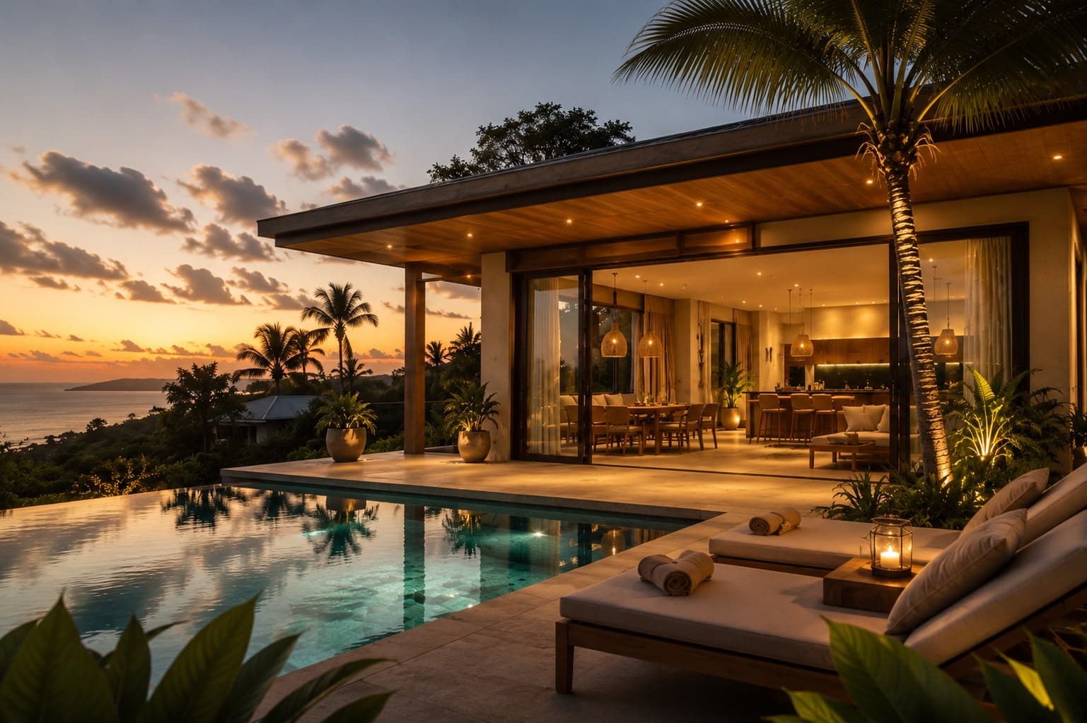 Tropical Koh Samui villa at dusk with palm, pool, and warm-lit interior