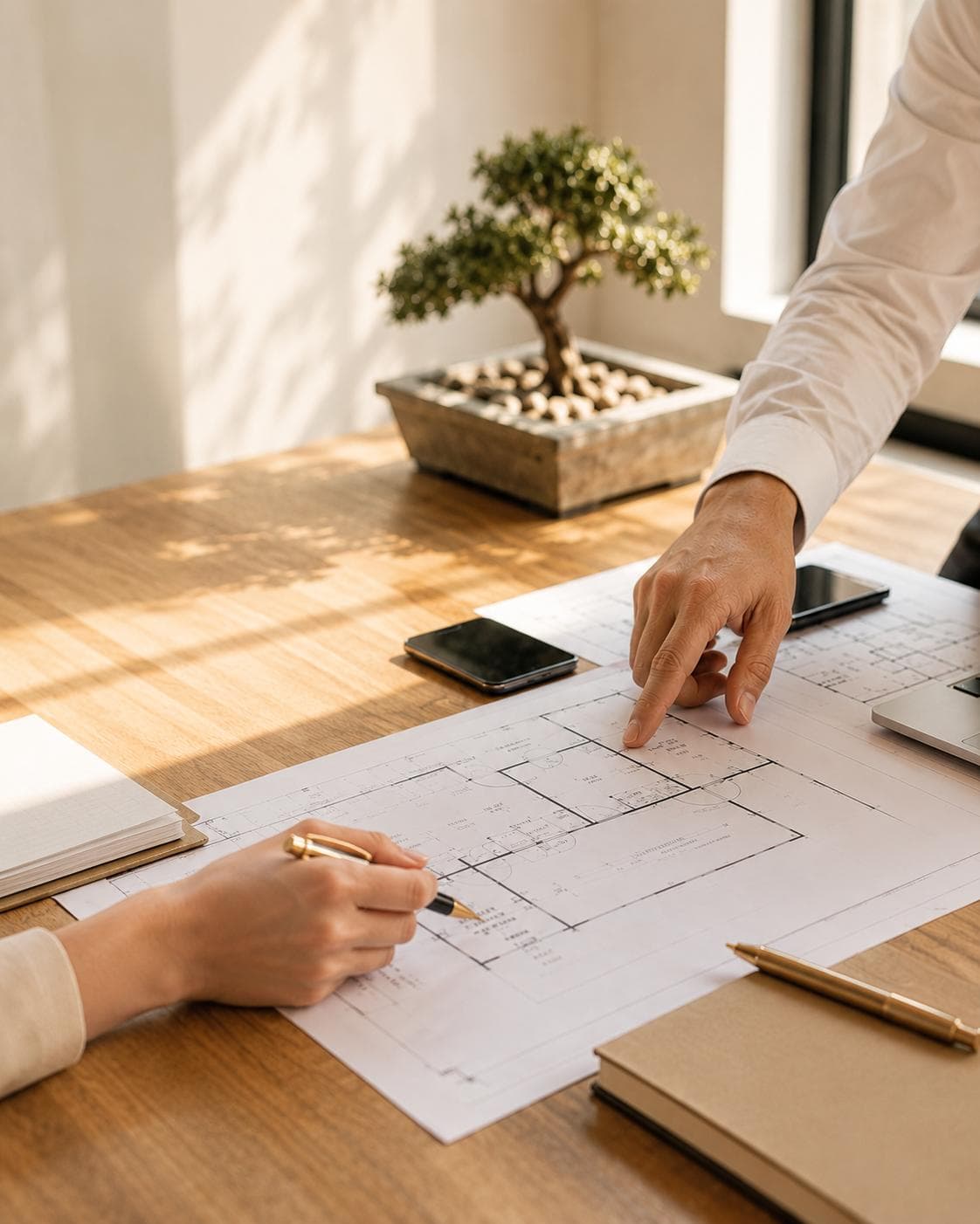 Architekt wskazujący plany willi na drewnianym biurku