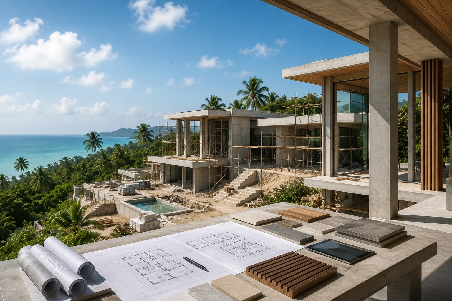 Villa under construction on a Koh Samui hillside with sea view, blueprints in the foreground